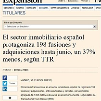 El sector inmobiliario espaol protagoniza 198 fusiones y adquisiciones hasta junio, un 37% menos, segn TTR